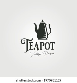 teapot vintage logo label vector illustration design, stainless steel teapot logo design