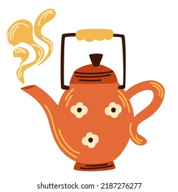 Teapot. Vintage tea kettle with hot steam. kitchen appliances. Vector illustration of the logo for a ceramic teapot, teapot on the white background. 