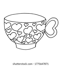 Una tetera de la que el vapor fluye en forma de corazón. Ilustración vectorial de un logotipo para una tetera de cerámica. Tetera dibujada a mano y tazas con corazones aislados en un fondo blanco.