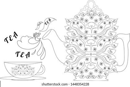 A teapot from which tea is poured into an ornamented cup. Zen art. Anti stress coloring.