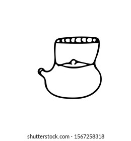 teapot with wicker handle. Element in hand drawn Scandinavian style. icon in simple liner. card, poster, menu. tea ceremony.