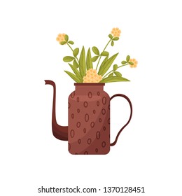 Teapot with wildflowers on white background. Vector illustration.