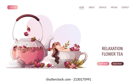 Teapot and woman lying in huge teacup. Tea shop, cafe-bar menu, tea lover, tea party, beverages concept. Vector illustration for poster, banner, website, menu, advertising. 