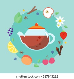 Teapot in a wreath with fruits, berries and spice elements. Vector concept in a flat style perfectly for magazines, web design, flyers and restaurant newsletters. Simple tea infographic.