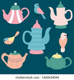 Teapots and birds, vector elements, that can be used both on the web or in print for surface design