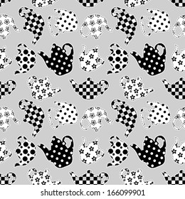 Teapots black and white patchwork pattern. Vector seamless  background.