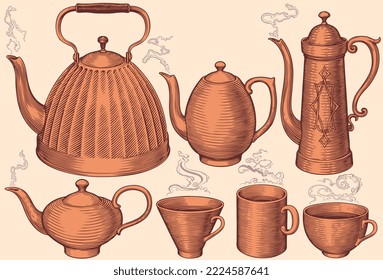 Teapots, coffee pot, cups. Design set. Editable hand drawn illustration. Vector vintage engraving. Isolated on light background. 8 eps