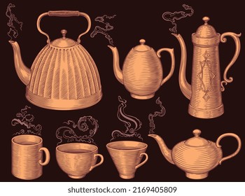 Premium Vector  Vintage black and white tea kettle with hot steam rustic  teapot with autumn herbal drink doodle illustration isolated on white  background