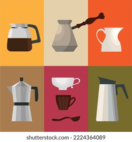 Teapots. Coffee pots. Cups. Kitchen utensils on a colorful background. Abstract background with teapots. Vector illustration.
