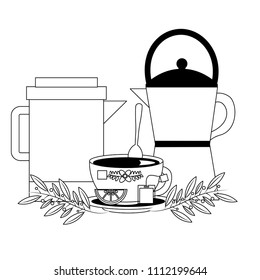 teapots with cup and leaves isolated icon