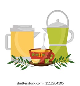 teapots with cup and leaves isolated icon