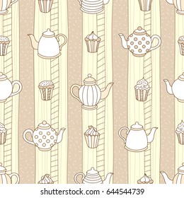 Teapots and cupcakes hand drawn pattern. Vector seamless background.