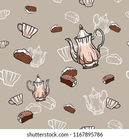 Teapots, cups and cake seamless pattern hand drawn in old style. Tea time vector illustration. Food pattern in retro hand drawn style for cafe menu, banner, flayer coffee shop, restaurant, fabric.