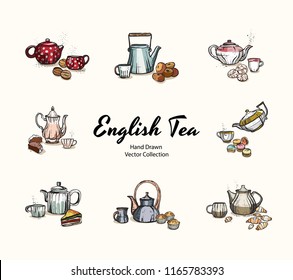 Teapots, cups, cookies hand drawn vector illustration in old style. Vector illustrations set for cafe menu, banner, flayer in retro hand drawn style. Isolated vector logo for coffee shop, restaurant.