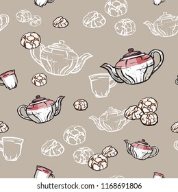 Teapots, cups and cookies seamless pattern hand drawn in old style. Tea time vector illustration. Food pattern in retro hand drawn style for cafe menu, banner, flayer coffee shop, restaurant, fabric.