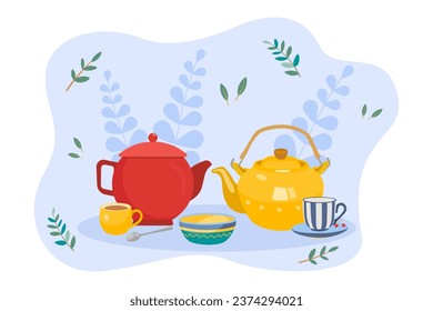 Teteras y tazas para la acogedora ilustración vectorial de la atmósfera. Dibujo de dibujos animados de teteras rojas y amarillas, coloridas teacups con bebidas calientes. Ceremonia o fiesta de té, comunicación, comodidad, concepto de vajilla