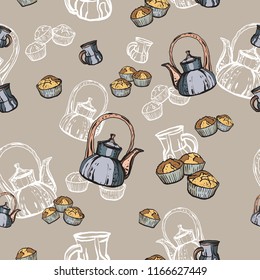 Teapots, cups and cupcakes seamless pattern hand drawn in old style. Tea time vector illustration. Food pattern in retro hand drawn style for cafe menu, banner, flayer coffee shop, restaurant, fabric.