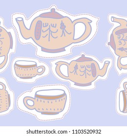 Teapots, cups , dashed lines, tags seamless  pattern.  Hand drawn.