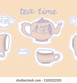 Teapots, cups , dashed lines, tags seamless  pattern.  Hand drawn.