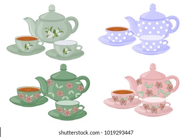 Teapots and cups with different patterns.
Vector set of isolated teapots, cups of tea and empty cups.