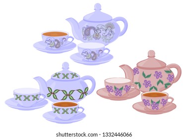 Teapots and cups with different patterns. Vector set of isolated teapots, cups of tea and empty cups.