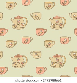 Teapots and cups doodle seamless pattern. Vector cute tea kettles and mugs print. Vintage ceramic or porcelain kitchen tableware collection.