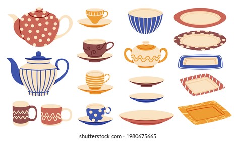 Teapots and cups elements collection. Kitchenware isolated set. Different dishes in cartoon style.