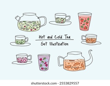 Teapots, cups, glasses with herbal, fruity teas. Hot and cold drinks. Decorative objects. Hand-drawn style. Modern beverage collection. Kitchenware items. Tea assortment. Flat vector illustration. 