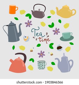 Teapots and cups hand drawn collection. Vector illustration