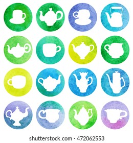 Teapots, cups, kettles, coffee pot. Watercolor seamless background cooking theme. Vector