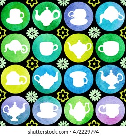 Teapots, cups, kettles, coffee pot. Watercolor seamless background cookng theme. Vector