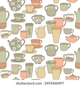 Teapots, cups and kettles seamless pattern. Vector cute tea kettles and mugs print. Vintage ceramic or porcelain kitchen tableware collection.