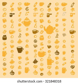 teapots and cups on yellow background.