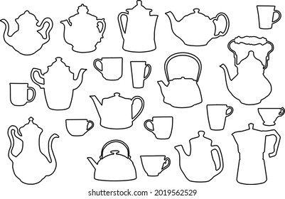 Teapots and cups outline silhouettes. Basis elements set on white background