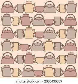Teapots and cups. Pattern, backdrop. Design of the menu, recipe poster Vector illustration 