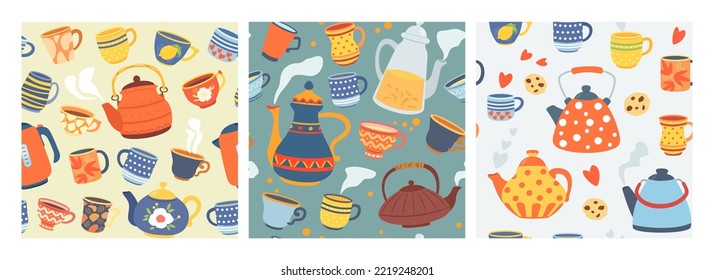 Patrón de teteras y tazas. Talleres de época, hervidores decorativos y vajilla de cocina telón vectorial sin fisuras conjunto de ilustración de patrón de taza de té