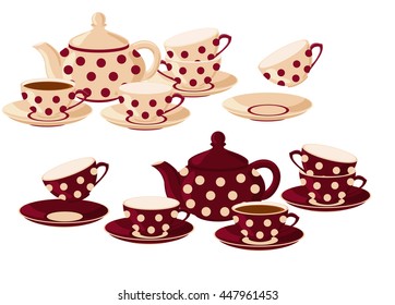 Teapots and cups with polka dots.  Vector set of isolated teapots, cups of tea and empty cups.