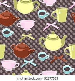 Teapots and cups seamless background