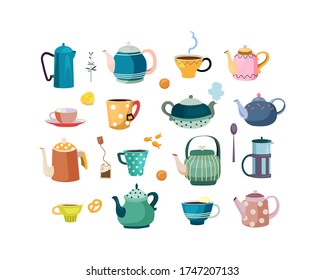 Teapots and cups set. Ceramic dish, crockery, porcelain, spoons, cups and mugs for tea. Vector illustrations for kitchen, drinking tea, beverage concept