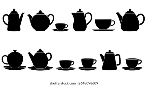 Teapots e copos conjunto - coleção de ícone de pote de bebida de cozinha - elementos vetoriais escaláveis para design de marca, embalagem ou impressão