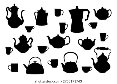 Teapots and cups silhouettes. Basis elements on white background