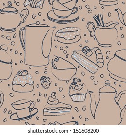 Teapots, cups and sweets hand-drawn seamless pattern