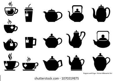 Teapots and cups vector illustration with collection of dishware isolated on white background.