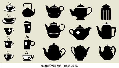 Teapots and cups vector illustration with collection of dishware isolated on white background.