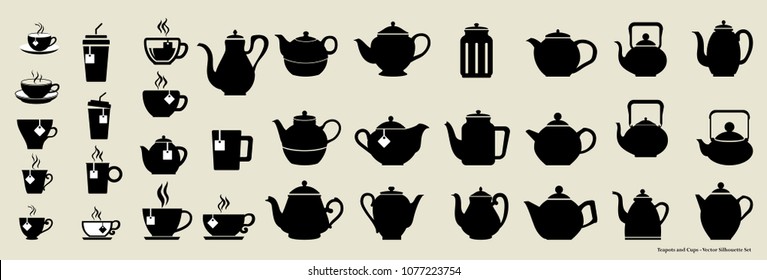 Teapots and cups vector illustration with collection of dishware isolated on white background.