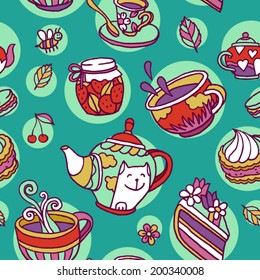 Teapots and cups vector seamless pattern