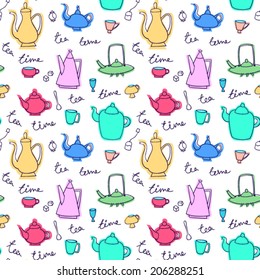 Teapots and cups. Vector seamless pattern. Tea time!