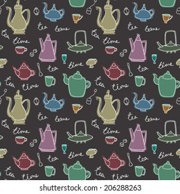 Teapots and cups. Vector seamless pattern. Tea time! Blackboard style.