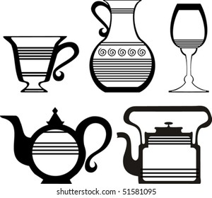  Teapots and cups - vector silhouette set