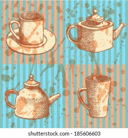 Teapots and cups, vector sketch set  - Shutterstock ID 185606603